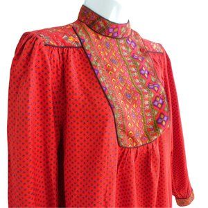 Vintage Michel Red Peasant Top Mixed Floral Button Bib Piping Shirred Shoulders